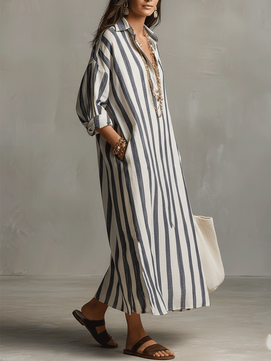 Soledad™ | Bohemian Striped Maxi Shirt Dress