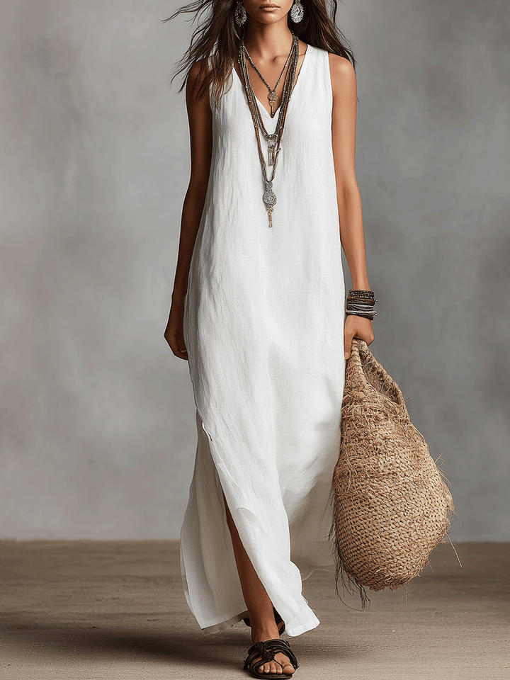 Sophia™ | V-neck Sleeveless Maxi White Dress