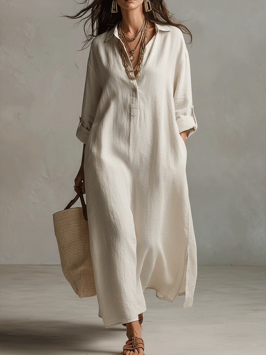 Gracia™ | Natural Cream Lightweight Vintage Maxi Shirtdress