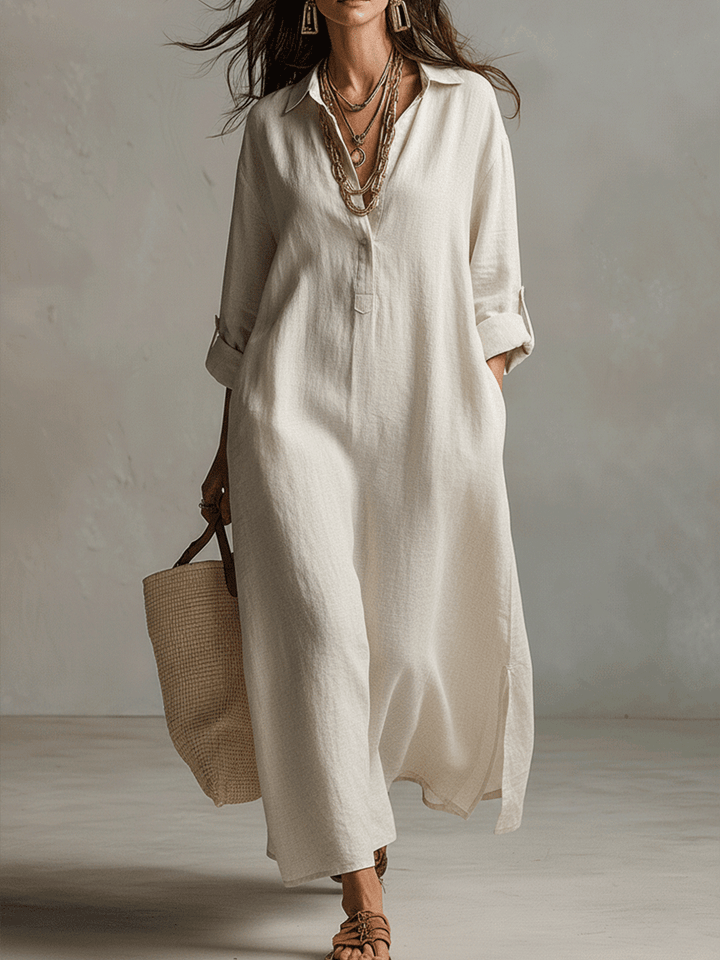Gracia™ | Natural Cream Lightweight Vintage Maxi Shirtdress
