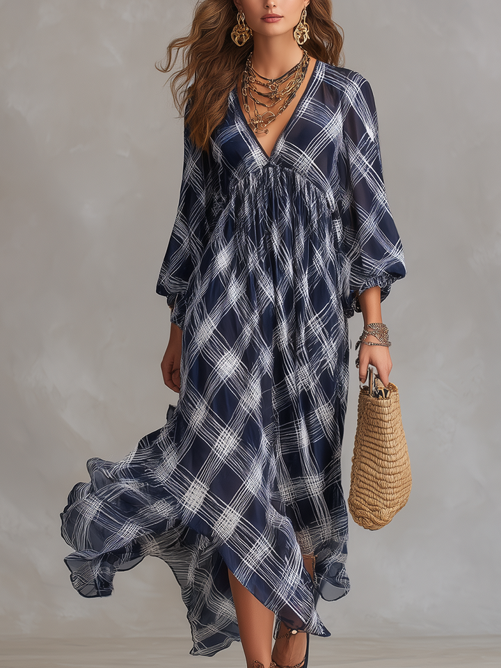 Elvira™ | Navy Check French Style Maxi Floaty Dress