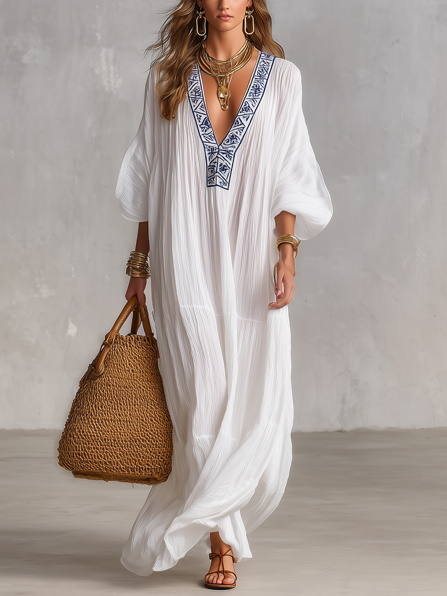Amparo™ | Bohemian Embroidered V-Neck Maxi Kaftan White Dress