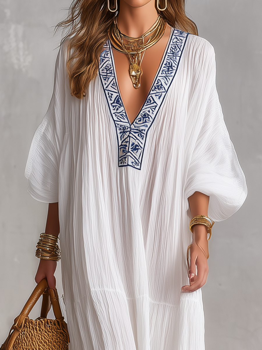 Amparo™ | Bohemian Embroidered V-Neck Maxi Kaftan White Dress