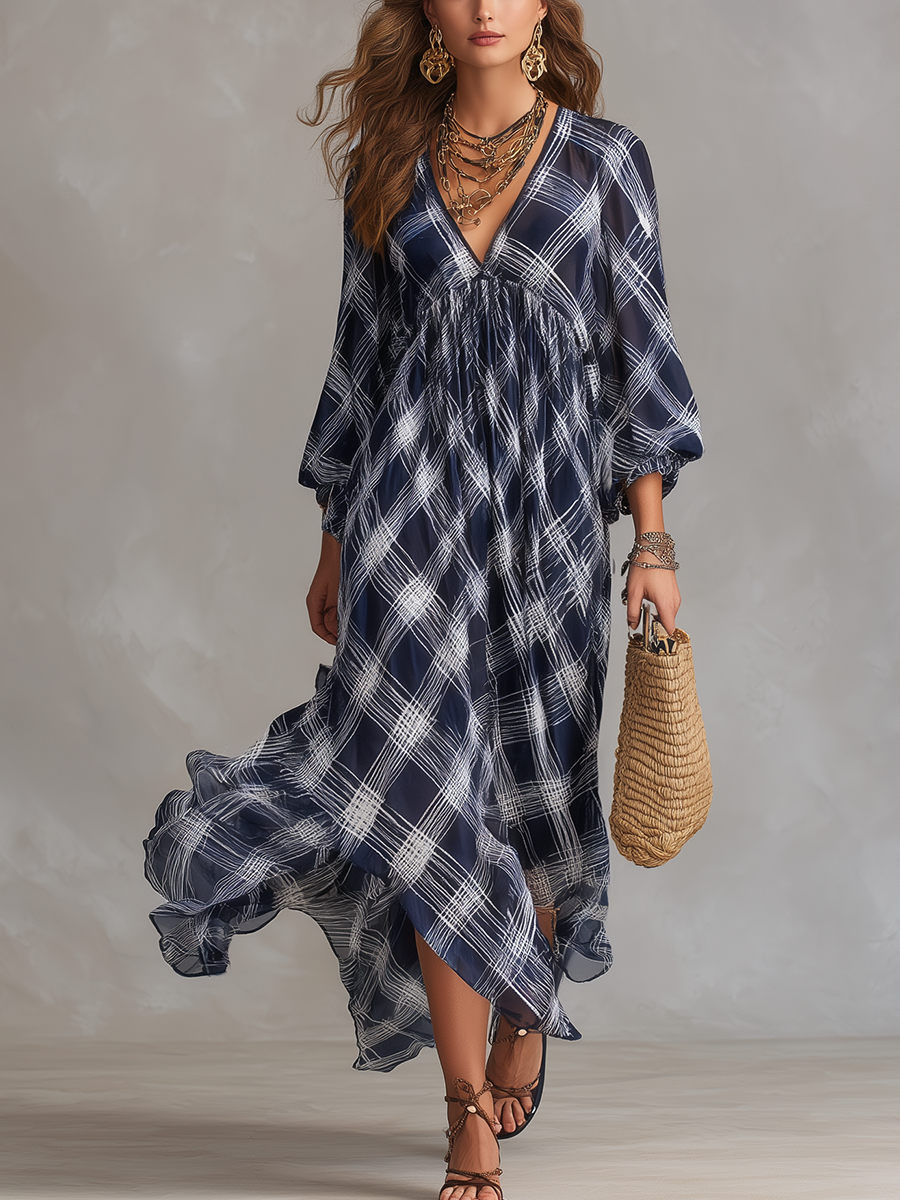 Elvira™ | Navy Check French Style Maxi Floaty Dress