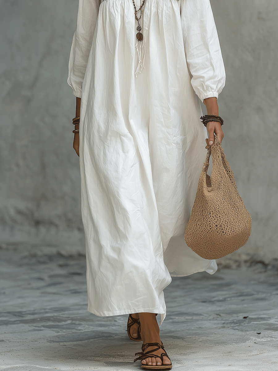 Esperanza™ | White Maxi Dress with Floral Embroidery and Balloon Sleeves