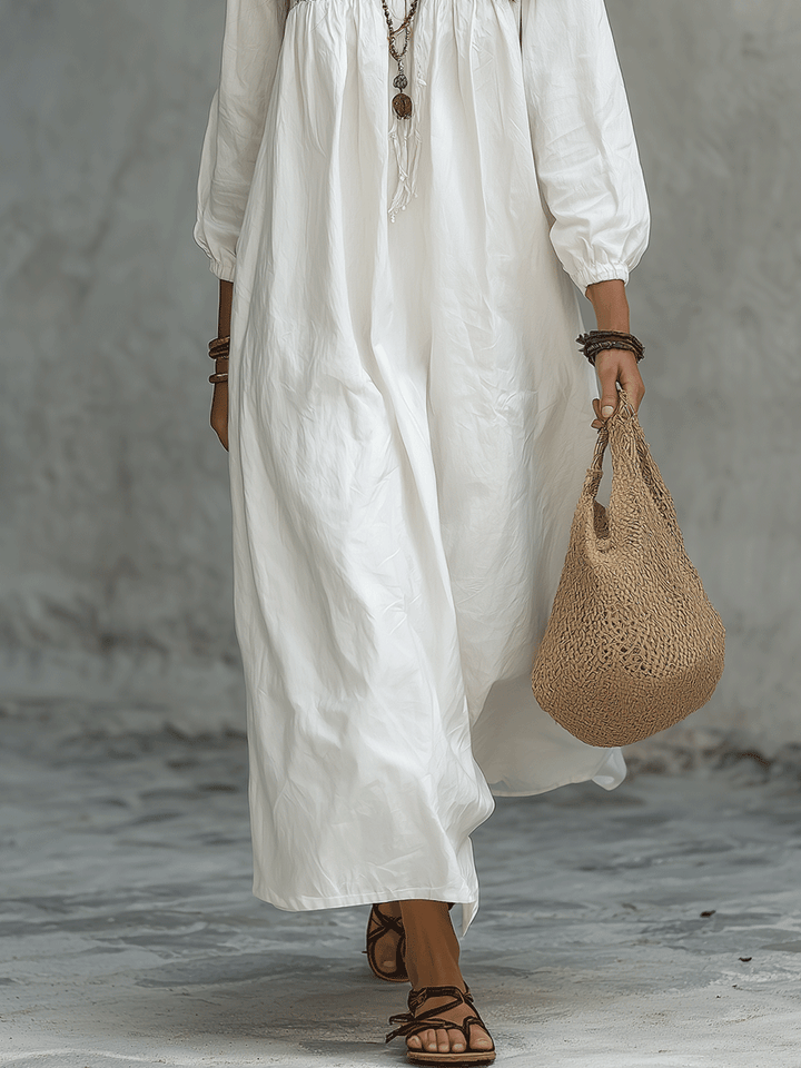Esperanza™ | White Maxi Dress with Floral Embroidery and Balloon Sleeves