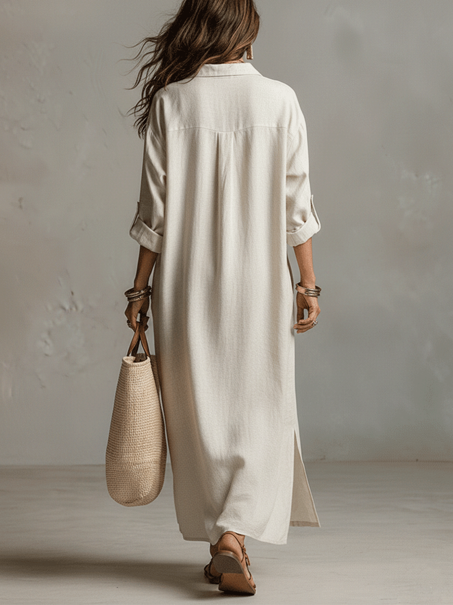 Gracia™ | Natural Cream Lightweight Vintage Maxi Shirtdress