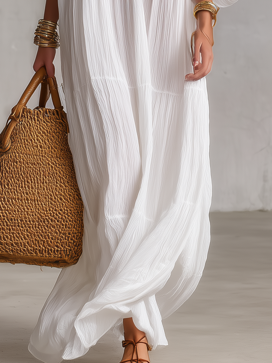 Amparo™ | Bohemian Embroidered V-Neck Maxi Kaftan White Dress
