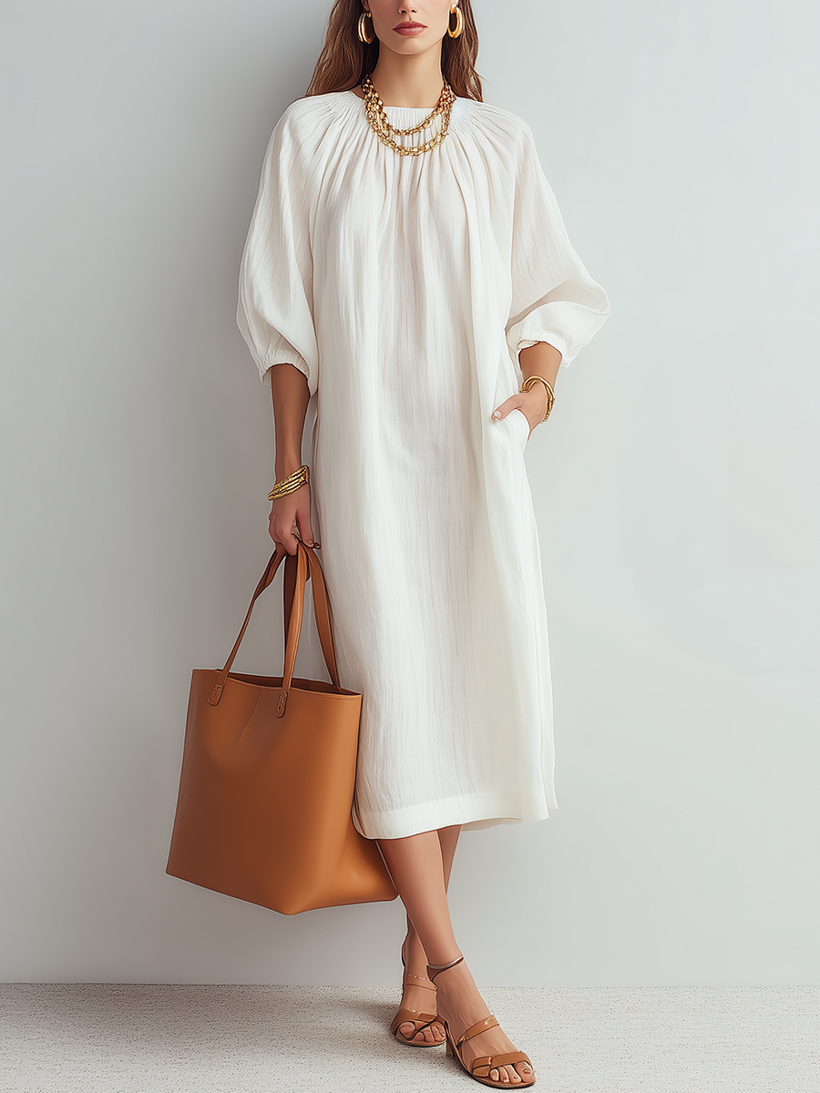 Blanca™ | クリームリラックスフィットミディドレス