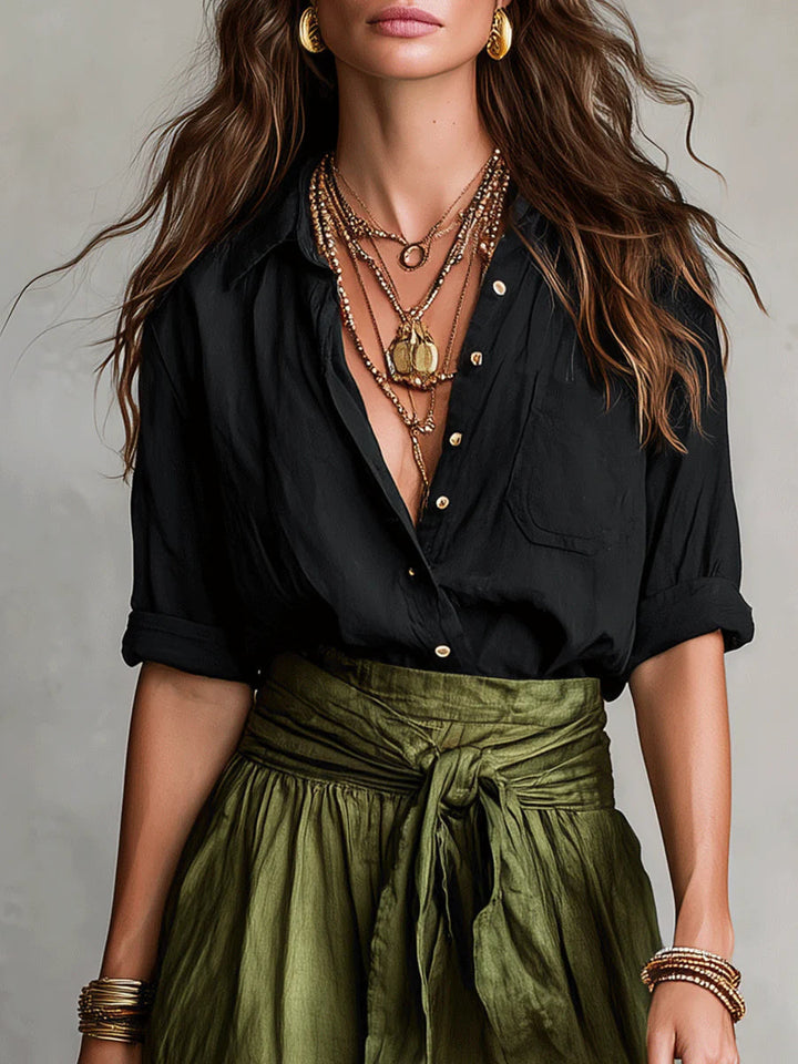 Vera™ | 2 Piece Set: Black T-Shirt & Olive Green Midi Skirt