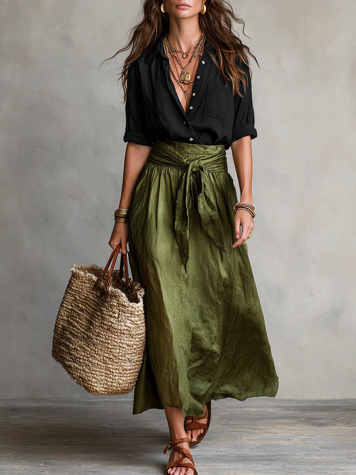 Vera™ | 2 Piece Set: Black T-Shirt & Olive Green Midi Skirt