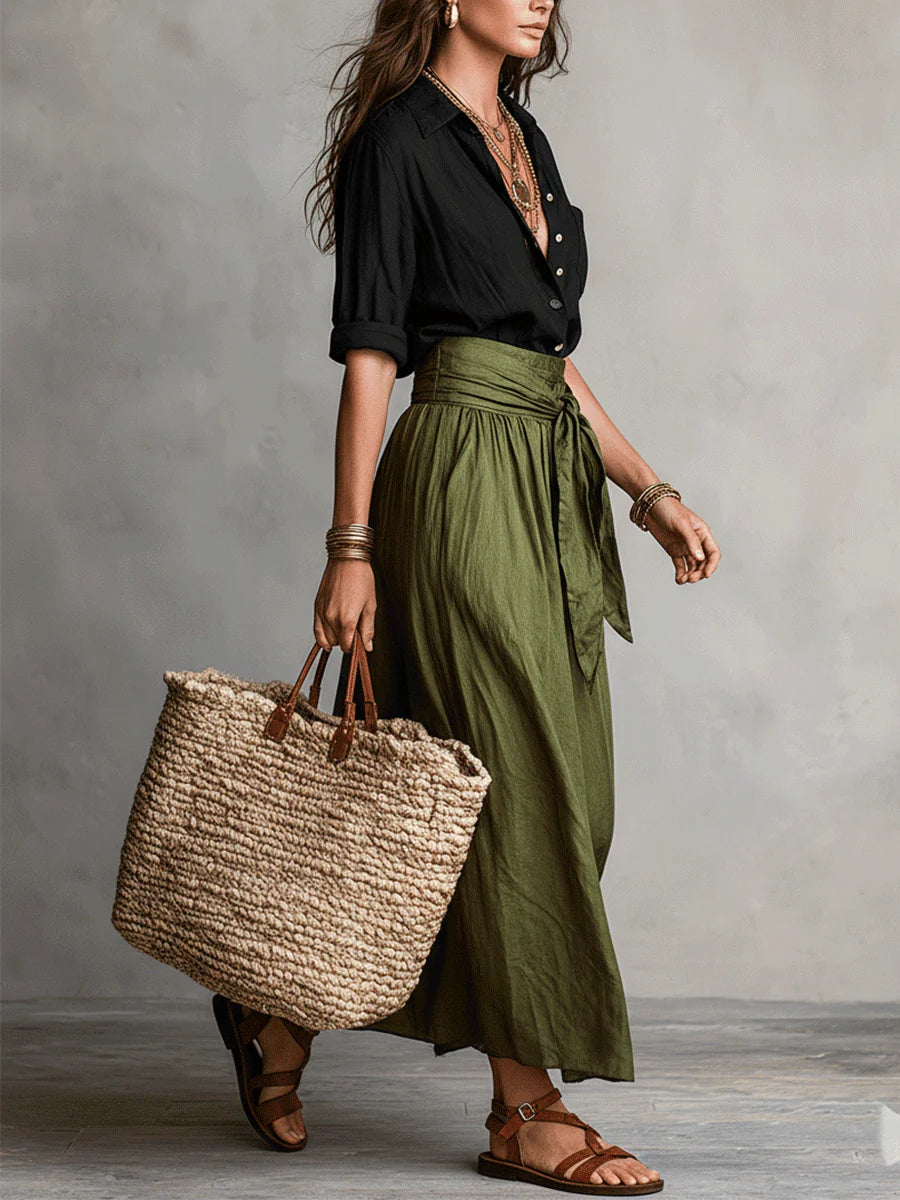 Vera™ | 2 Piece Set: Black T-Shirt & Olive Green Midi Skirt