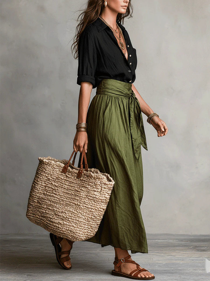 Vera™ | 2 Piece Set: Black T-Shirt & Olive Green Midi Skirt
