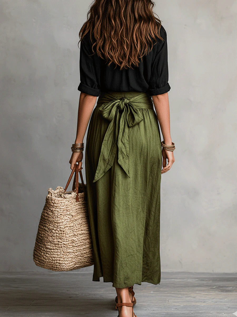 Vera™ | 2 Piece Set: Black T-Shirt & Olive Green Midi Skirt