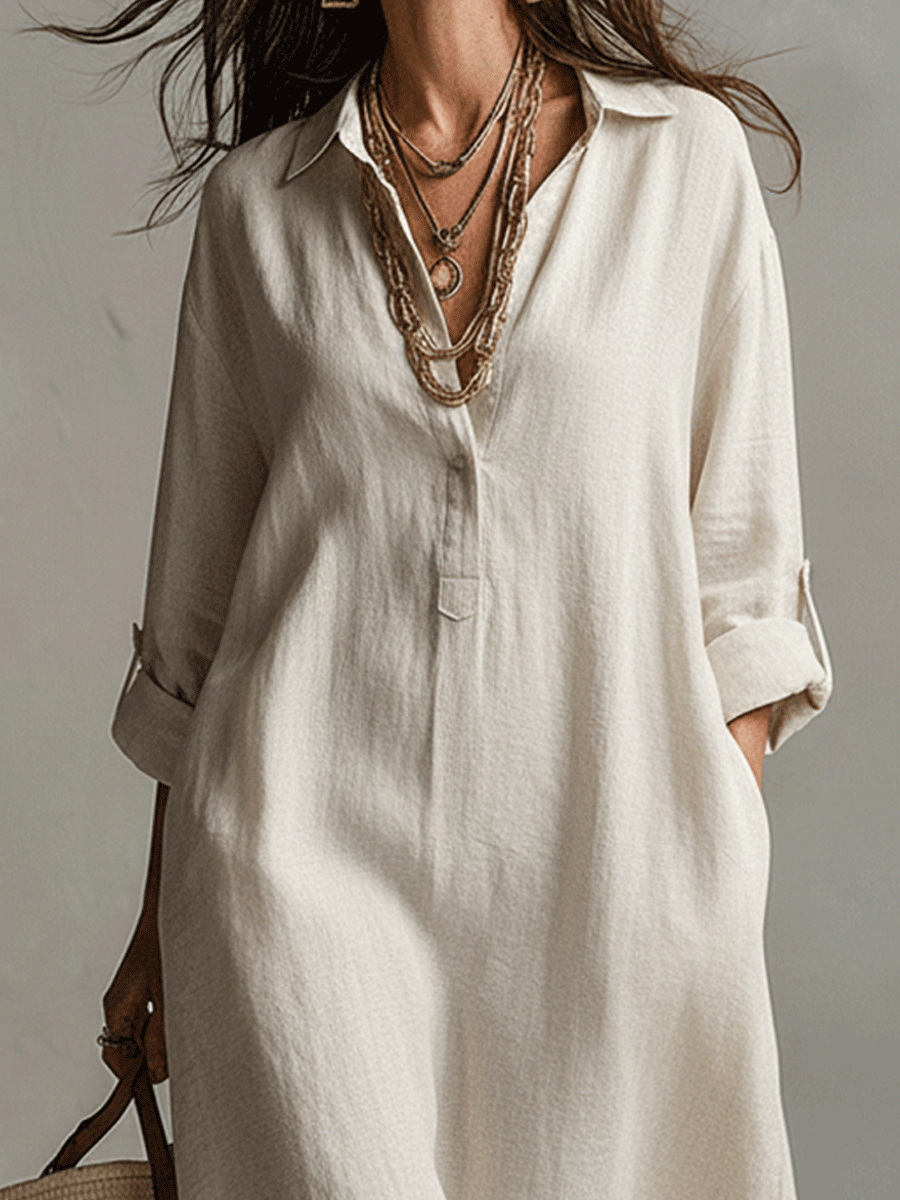 Gracia™ | Natural Cream Lightweight Vintage Maxi Shirtdress