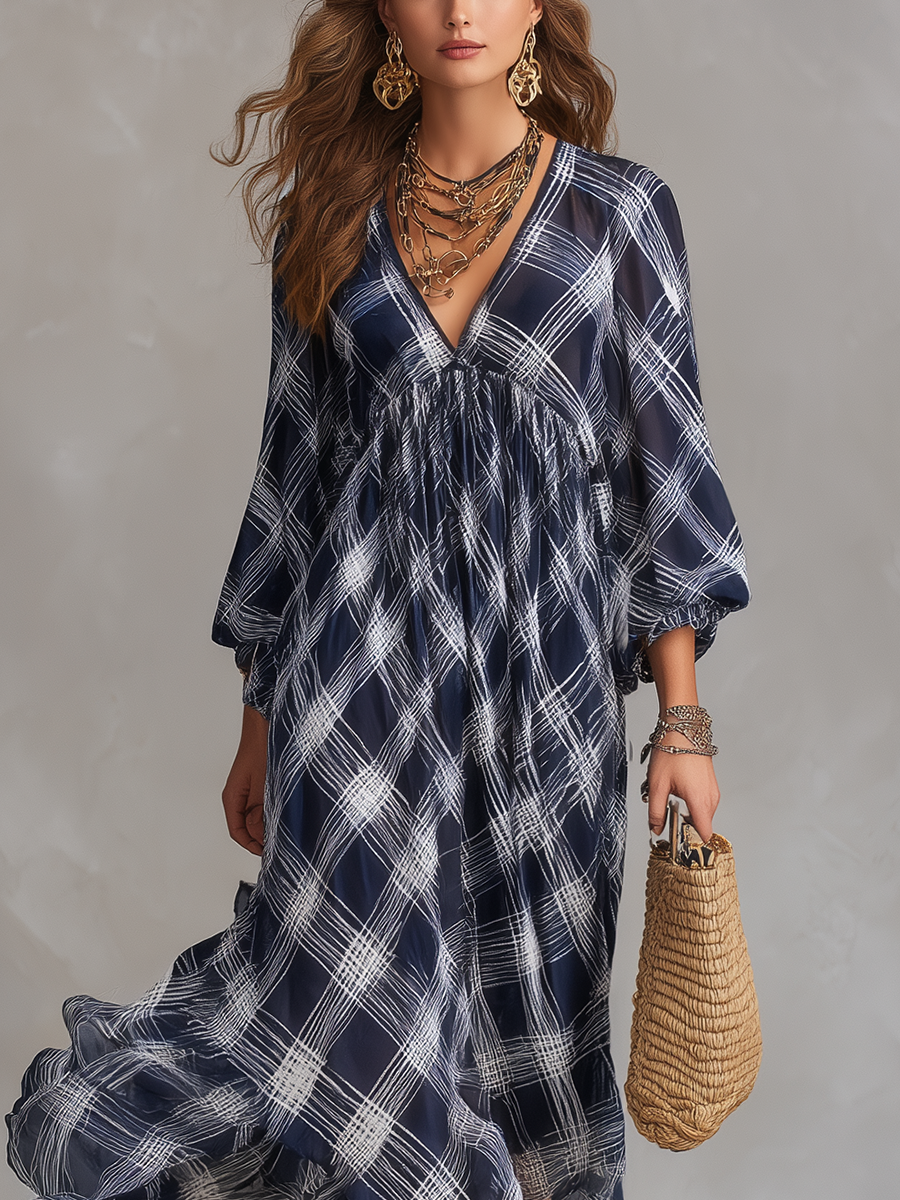 Elvira™ | Navy Check French Style Maxi Floaty Dress
