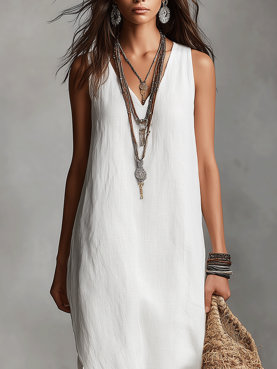 Sophia™ | V-neck Sleeveless Maxi White Dress