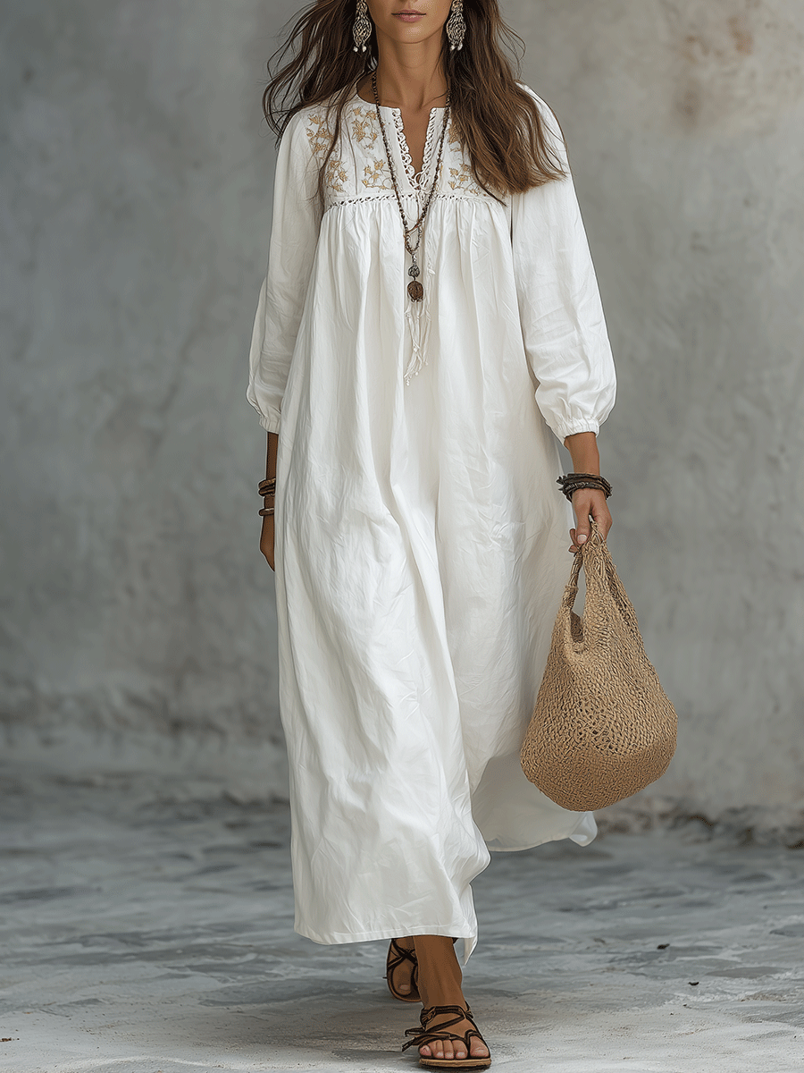 Esperanza™ | White Maxi Dress with Floral Embroidery and Balloon Sleeves