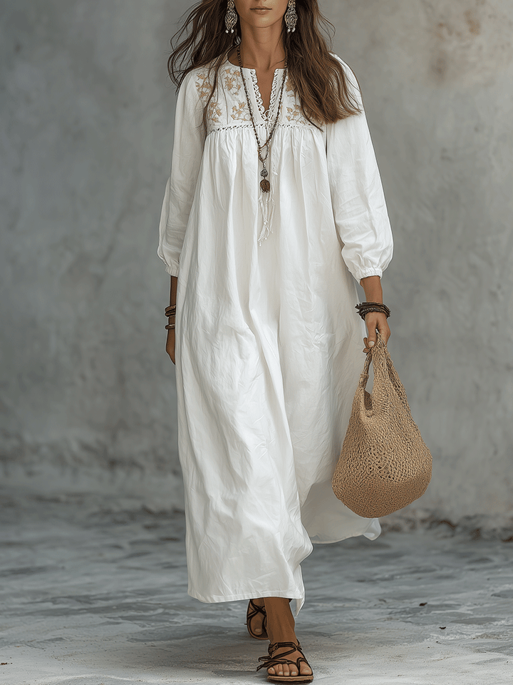Esperanza™ | White Maxi Dress with Floral Embroidery and Balloon Sleeves