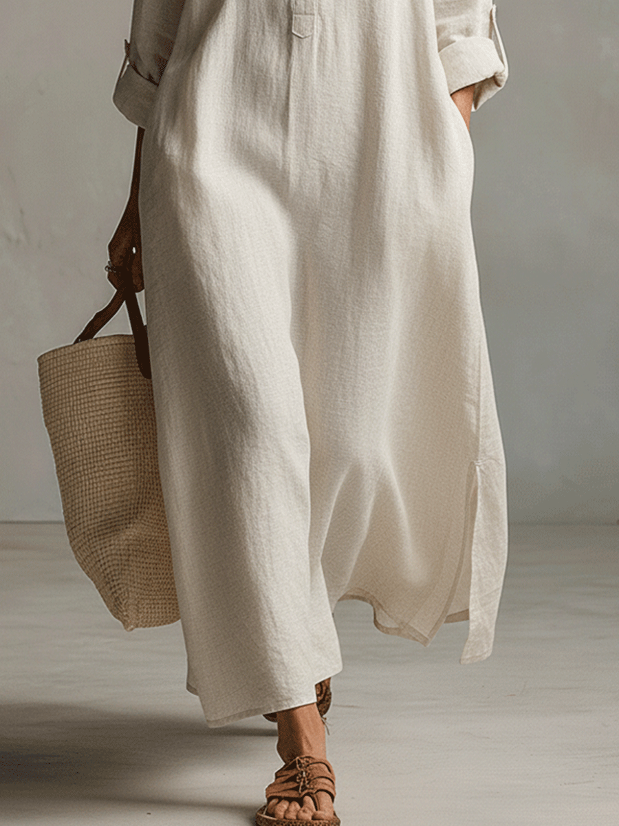 Gracia™ | Natural Cream Lightweight Vintage Maxi Shirtdress