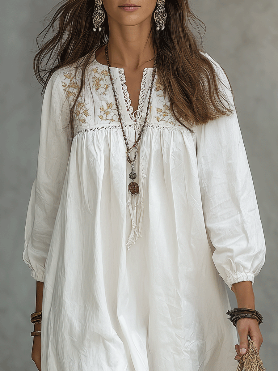 Esperanza™ | White Maxi Dress with Floral Embroidery and Balloon Sleeves
